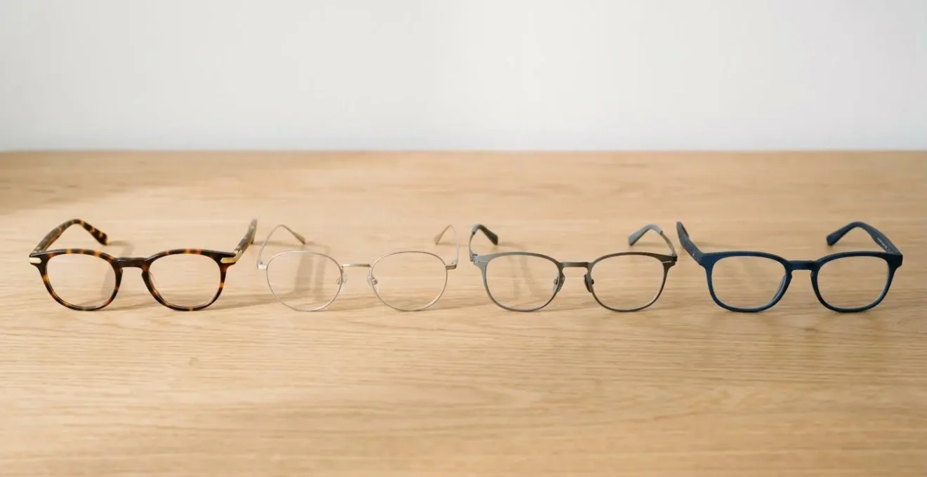 Trois montures de lunettes en matériaux différents (acétate, métal, titane) disposées sur une surface épurée en lumière naturelle