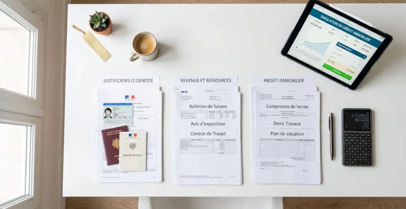 Vue aérienne d'un bureau avec des documents de crédit immobilier organisés par catégories, une calculatrice et une tablette affichant une simulation de prêt