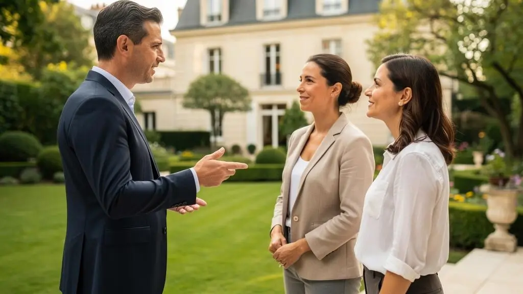 Conseiller immobilier accompagnant des clients lors de la visite d'une propriété dans l'Ouest parisien