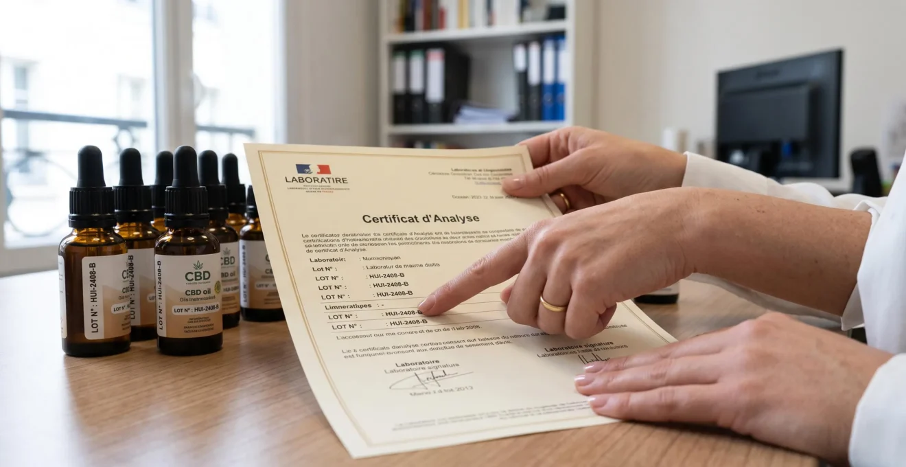 Professional reviewing a batch-specific analysis certificate alongside CBD products on a work desk