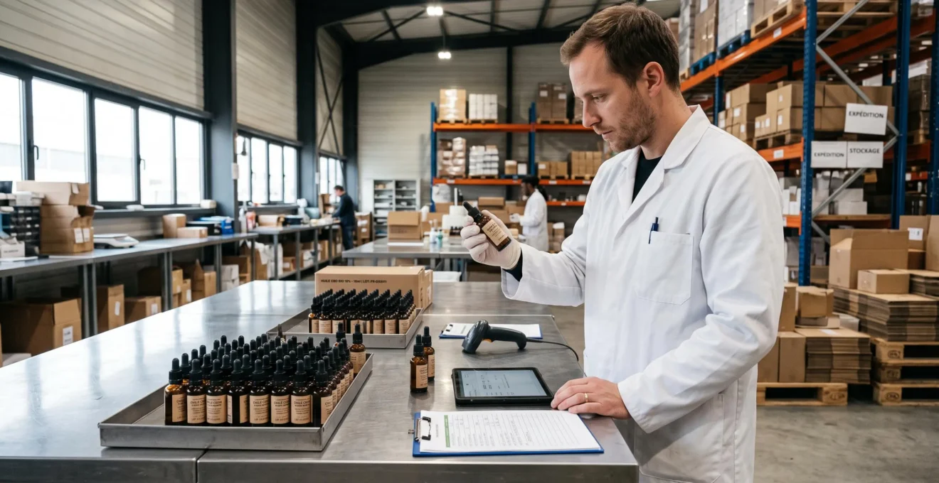Quality control technician inspecting CBD product bottles in a professional wholesale facility