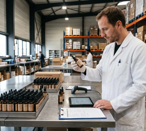 Quality control technician inspecting CBD product bottles in a professional wholesale facility