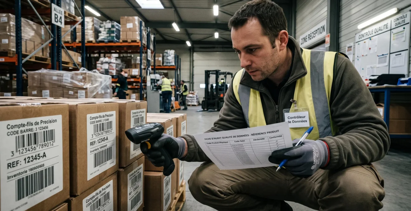 Contrôleur qualité vérifiant la concordance entre étiquettes produits et références dans une zone de réception d'entrepôt.