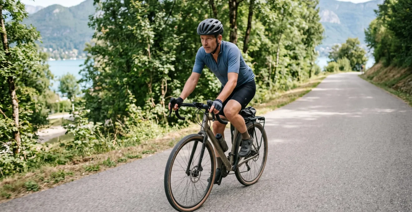 Cycliste pédalant sur une portion en légère montée de la piste cyclable du lac d'Annecy