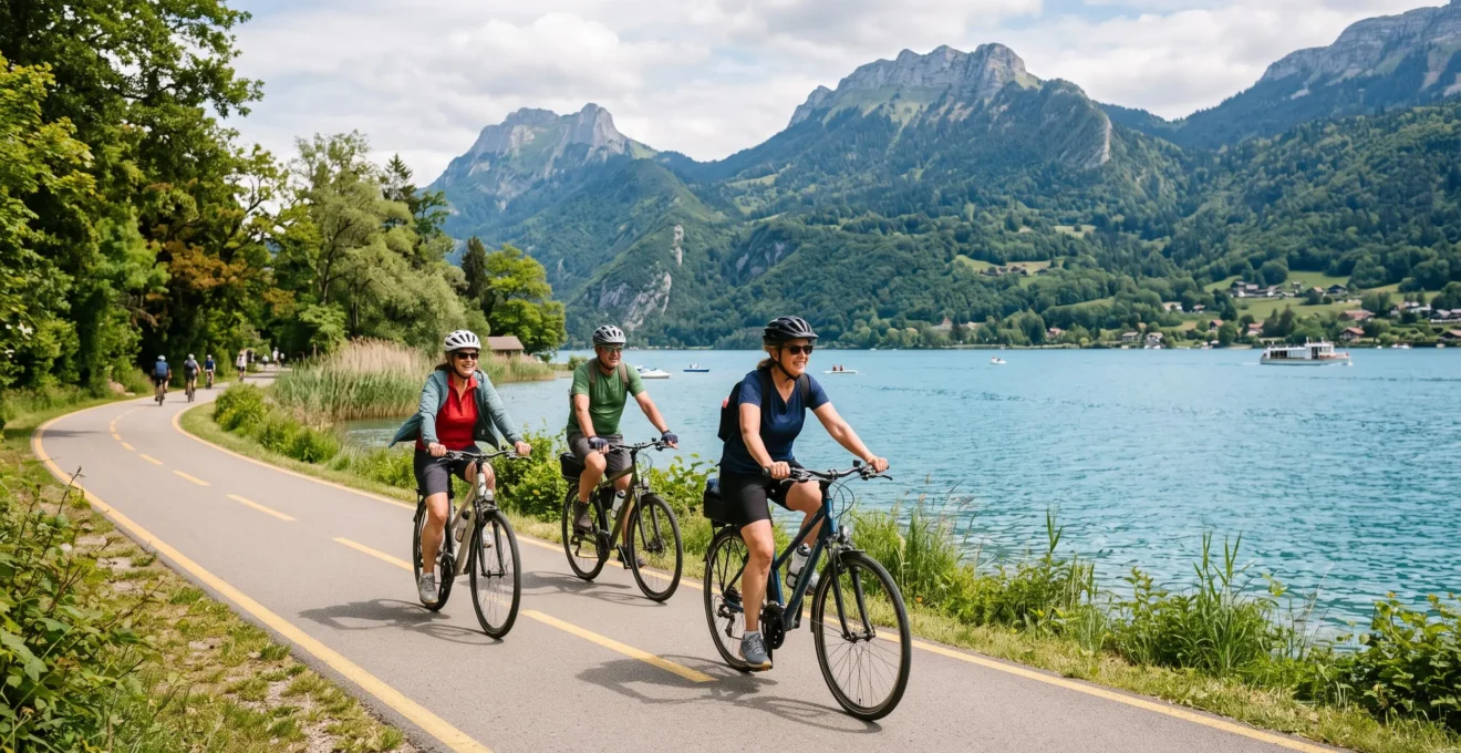 Cyclistes roulant sur la piste cyclable en bord du lac d'Annecy avec vue sur les montagnes alpines