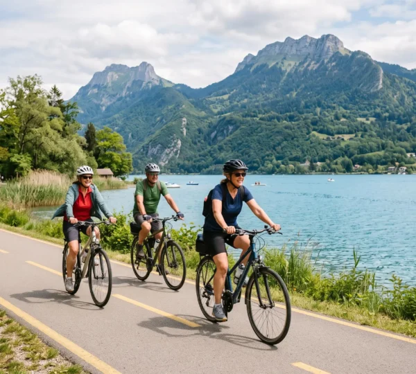Cyclistes roulant sur la piste cyclable en bord du lac d'Annecy avec vue sur les montagnes alpines