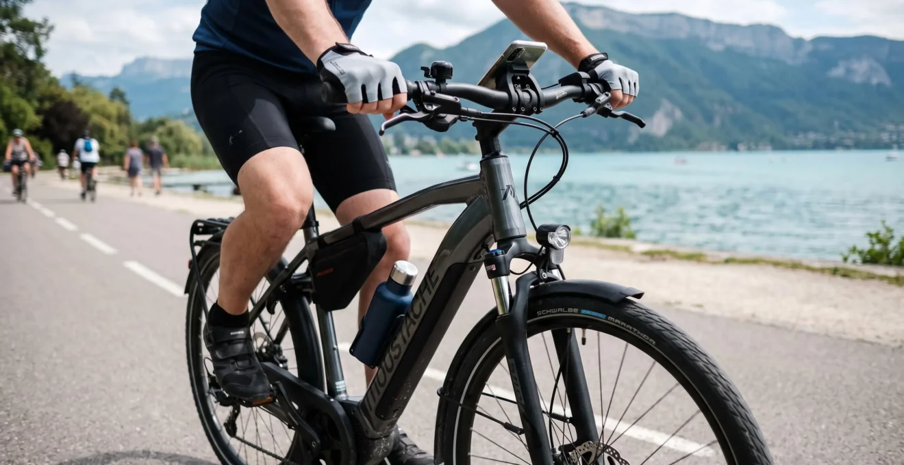Gros plan sur un vélo de cyclotourisme sur la piste du lac d'Annecy avec cycliste en action
