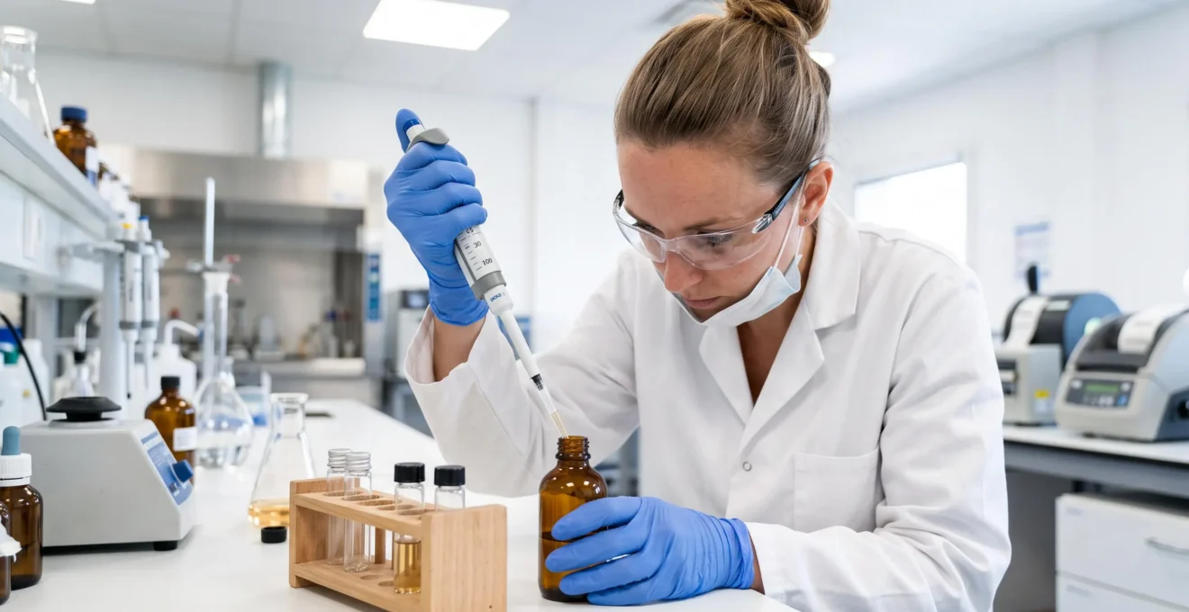 Laboratory technician using a pipette to sample CBD oil for batch quality testing