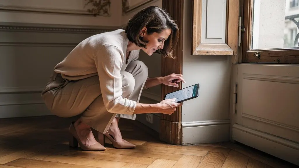 Experte immobilière inspectant les détails architecturaux d'une propriété de prestige