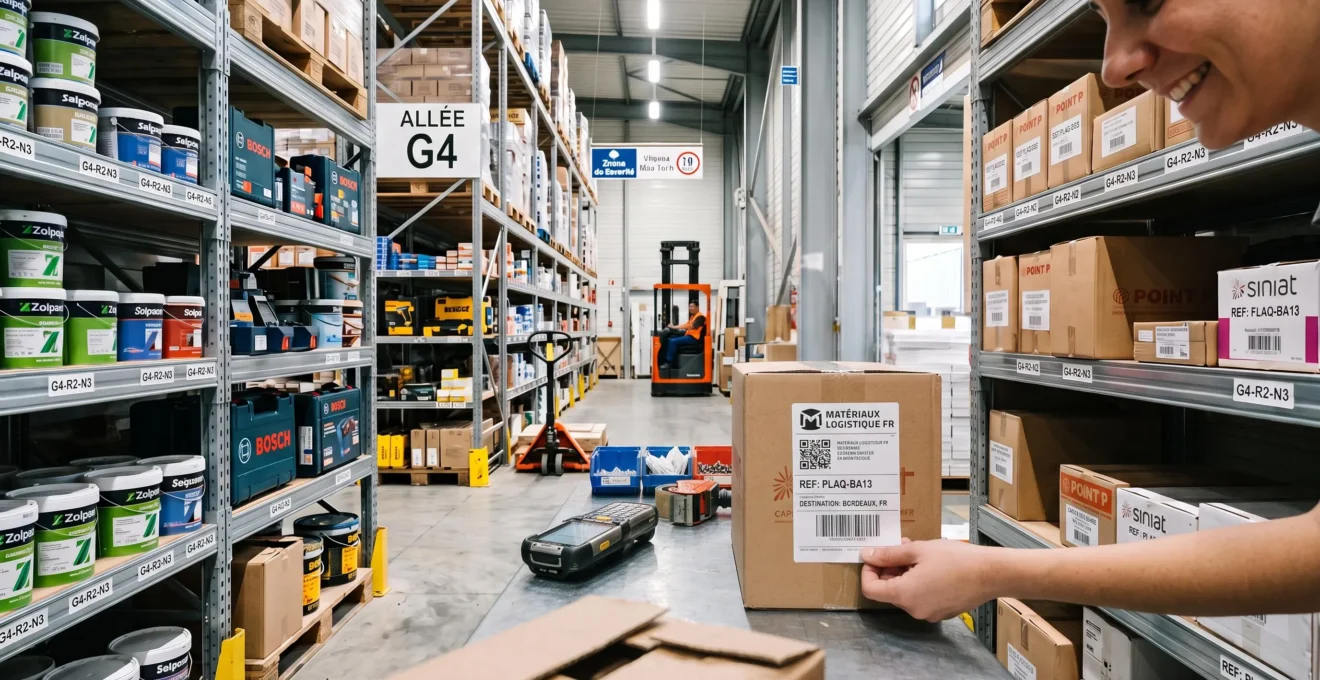 Spécialiste d'inventaire scannant des références produits avec un terminal portable dans un entrepôt de distribution de matériaux de construction.