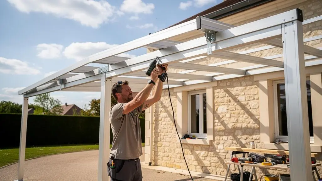 Technicien assemblant la structure d'un carport en aluminium dans une allée résidentielle