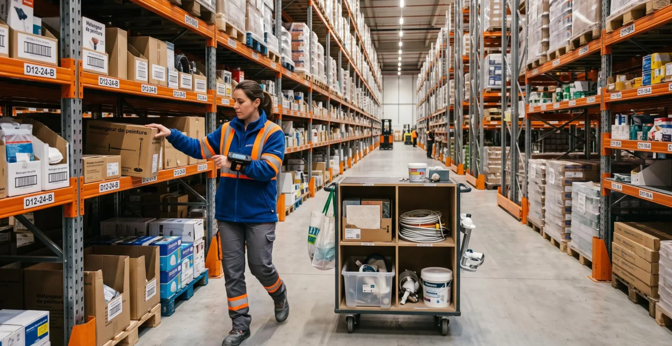 Préparateur de commandes sélectionnant des produits dans les allées d'un centre de distribution moderne en consultant un terminal mobile.