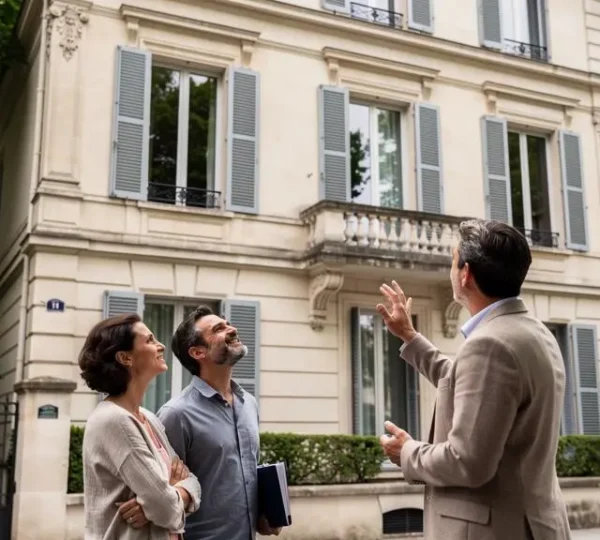 Couple et agent immobilier devant une élégante propriété en pierre dans l'Ouest parisien