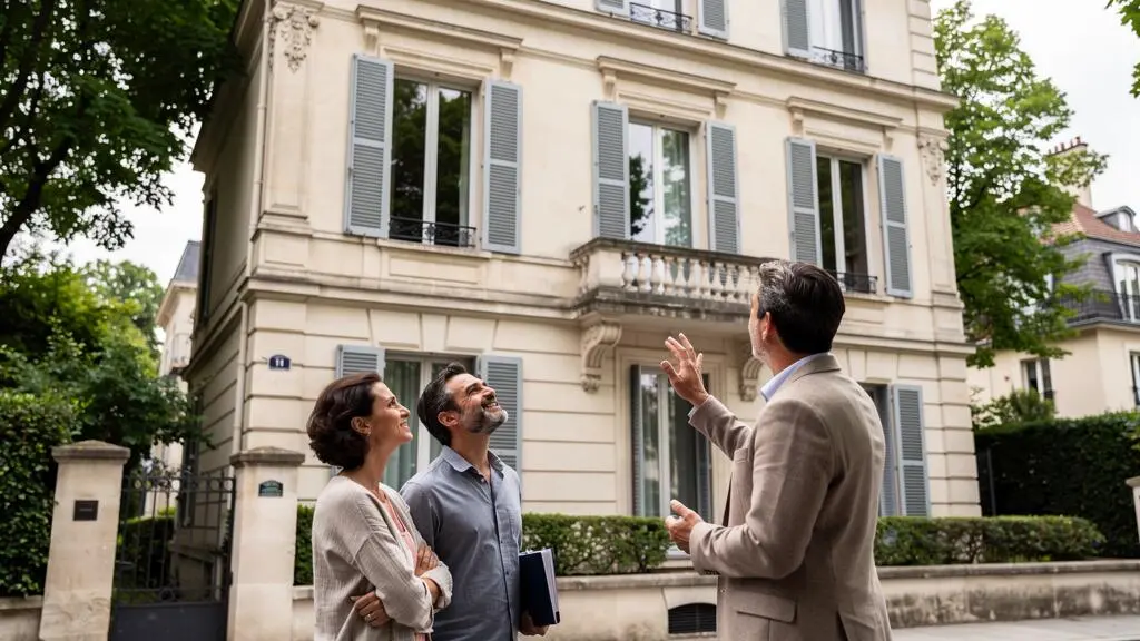 Couple et agent immobilier devant une élégante propriété en pierre dans l'Ouest parisien