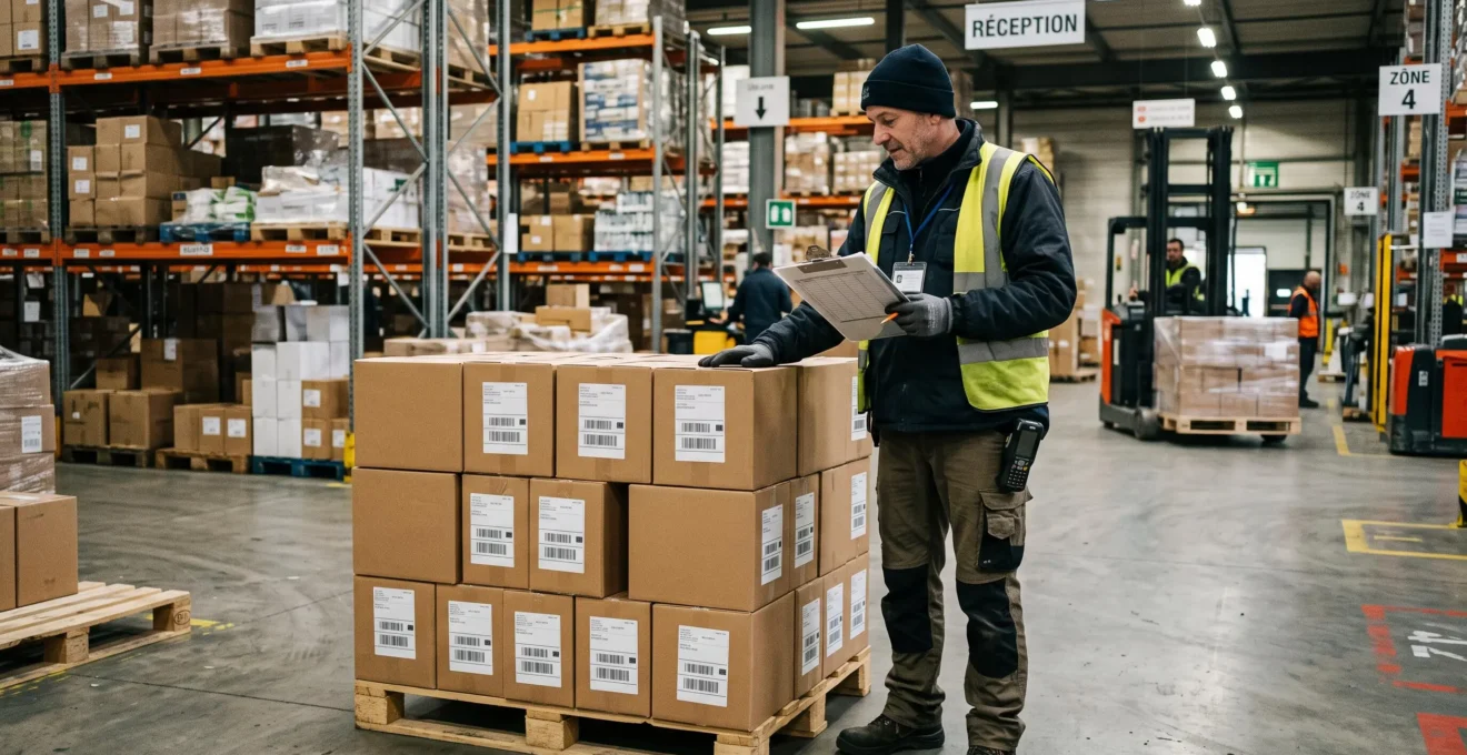 Warehouse manager checking CBD product delivery against documentation in a wholesale receiving area
