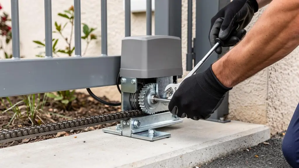 Gros plan sur les mains d'un technicien réglant le moteur d'un portail automatique