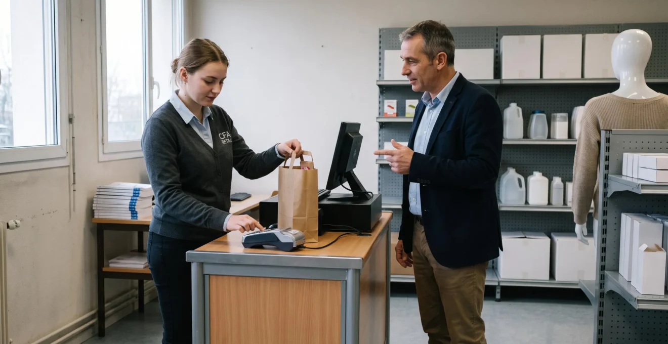 Une formatrice corrige une apprentie derrière un comptoir de vente pédagogique dans un centre de formation.