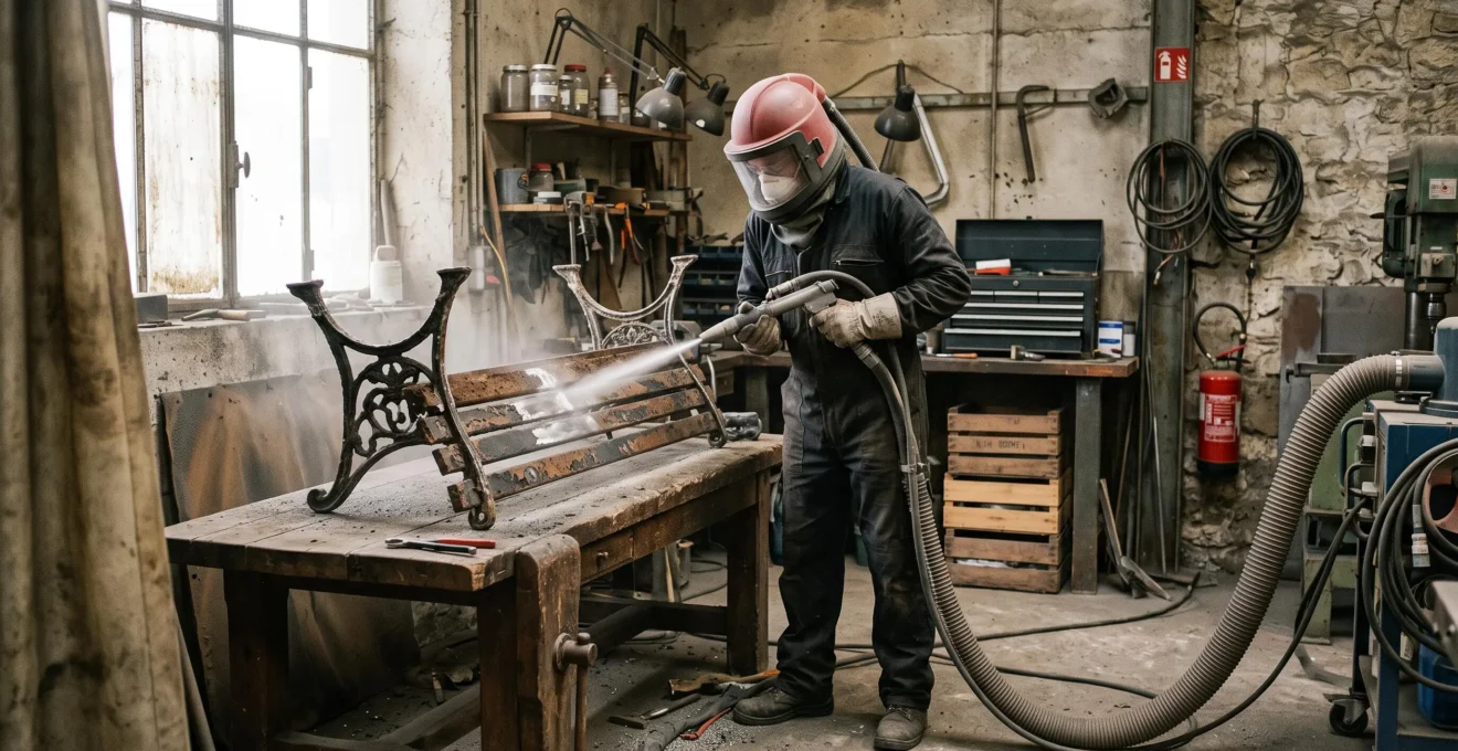 Un artisan décape au sablage une section de banc en fonte dans un atelier de traitement de surface en France.