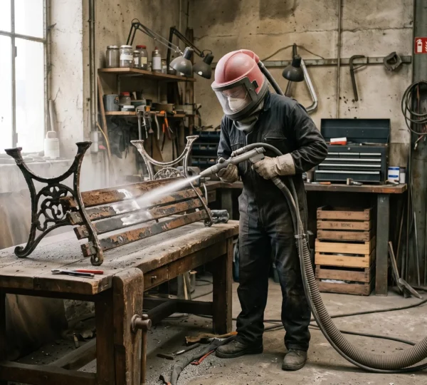 Un artisan décape au sablage une section de banc en fonte dans un atelier de traitement de surface en France.