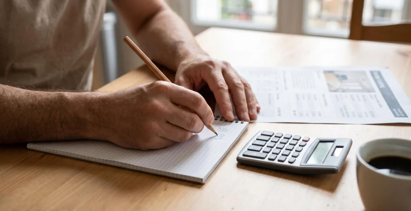 Gros plan sur des mains calculant un rendement locatif sur un cahier quadrillé, calculatrice et annonce imprimée posées sur la table.