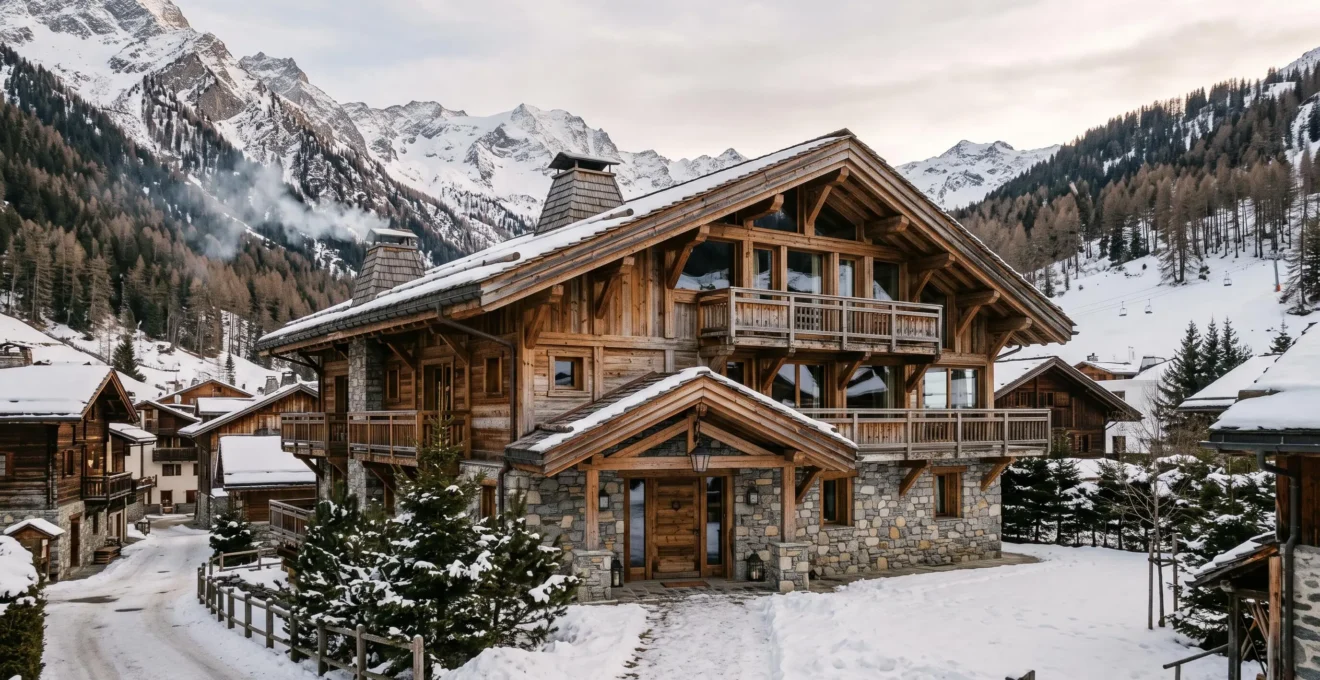 Un grand chalet en bois et pierre dans la station village de Saint-Sorlin-d'Arves sous la neige, en fin de journée d'hiver.