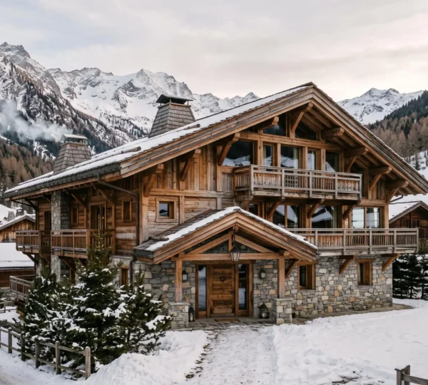 Un grand chalet en bois et pierre dans la station village de Saint-Sorlin-d'Arves sous la neige, en fin de journée d'hiver.