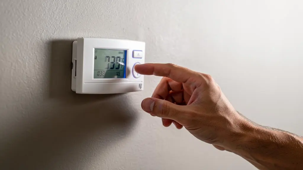 Main d'un technicien ajustant les paramètres d'un thermostat programmable commercial