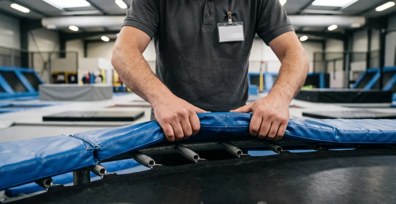 Un employé du parc de trampolines vérifie la fixation d'un coussin de sécurité sur le cadre d'un trampoline.