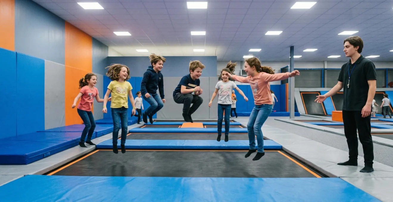 Des enfants sautent sur les trampolines d'un parc de loisirs intérieur pendant un anniversaire, sous la surveillance d'un animateur.