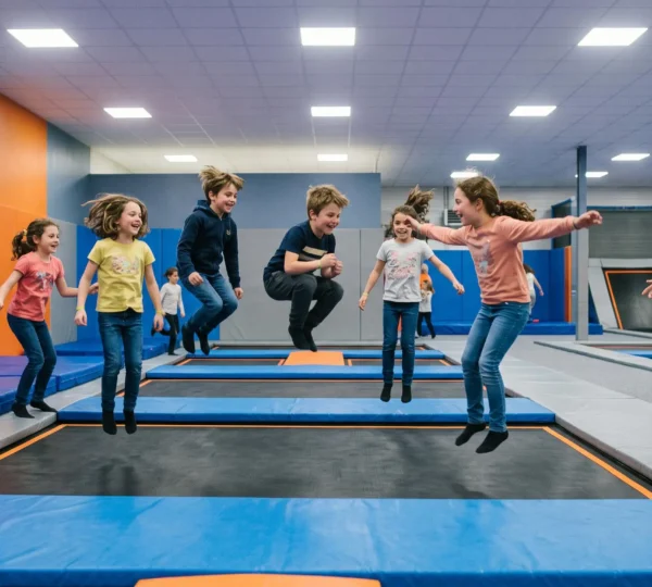 Des enfants sautent sur les trampolines d'un parc de loisirs intérieur pendant un anniversaire, sous la surveillance d'un animateur.