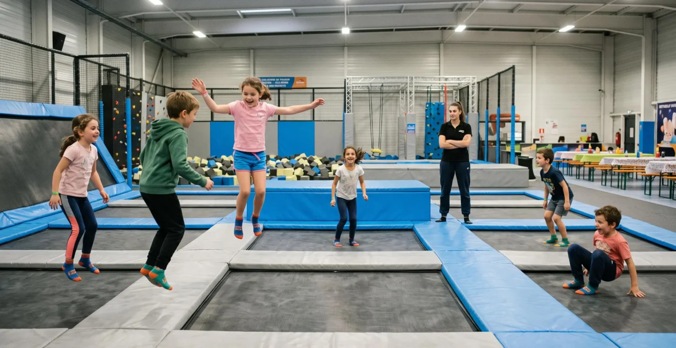 Des enfants sautent sur les trampolines d'un parc indoor en région parisienne sous la surveillance d'un animateur.