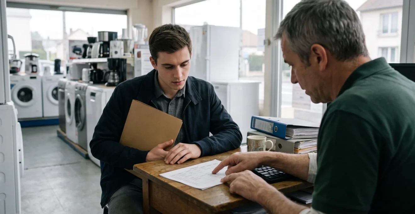 Un candidat à une alternance en vente échange avec le responsable d'un magasin d'électroménager lors d'un entretien dans l'arrière-boutique.