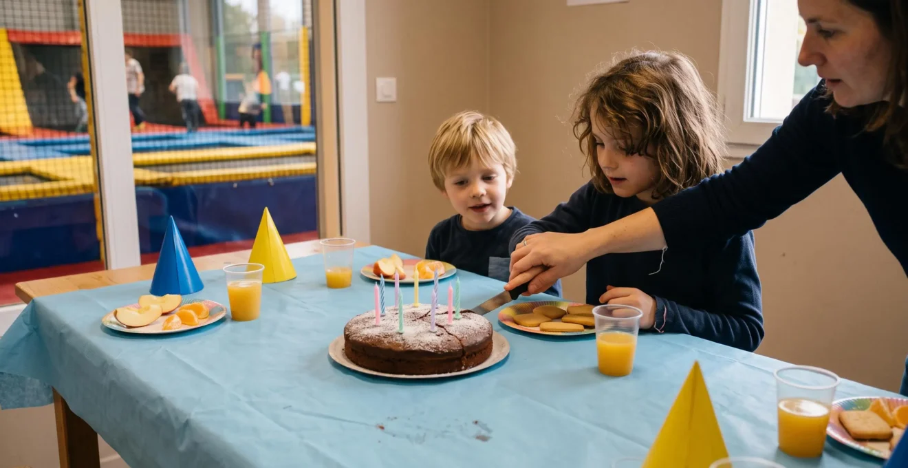 Deux enfants et un adulte partagent le goûter d'anniversaire autour d'une table dans la salle du parc de trampolines.