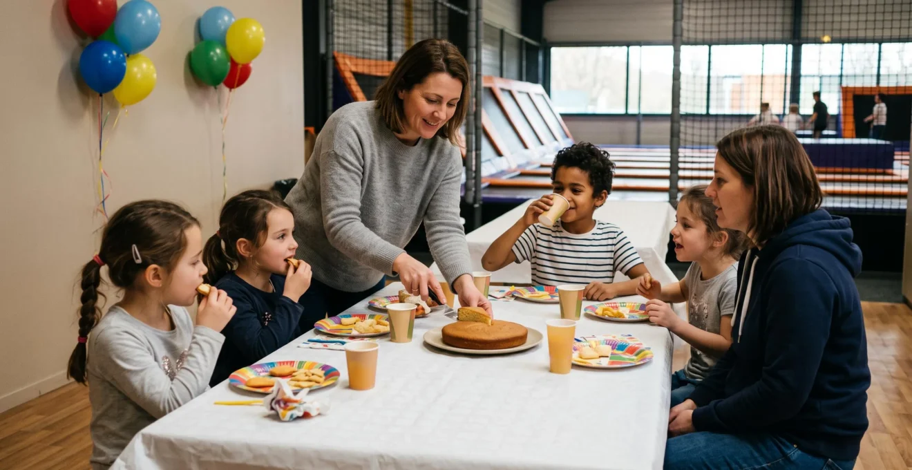 Des enfants et des parents partagent le goûter autour d'une table réservée dans l'espace anniversaire d'un parc de trampolines.