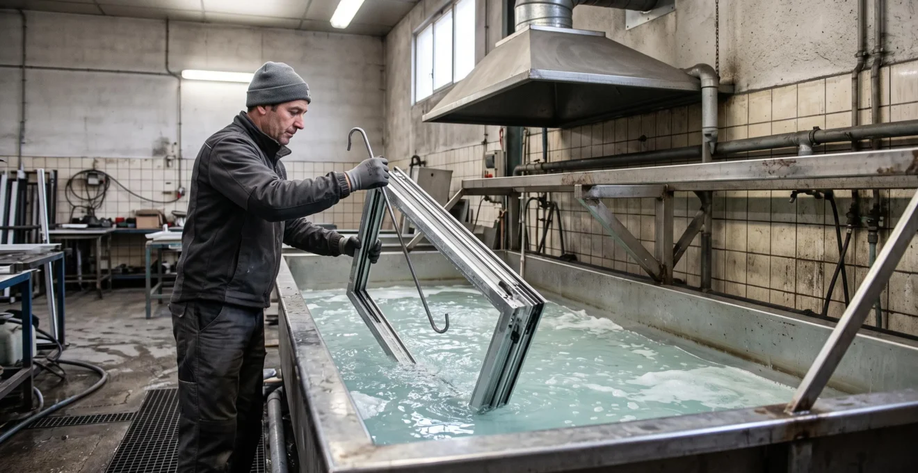 Un technicien immerge une menuiserie en aluminium dans une cuve de décapage dans un atelier de traitement de surface.