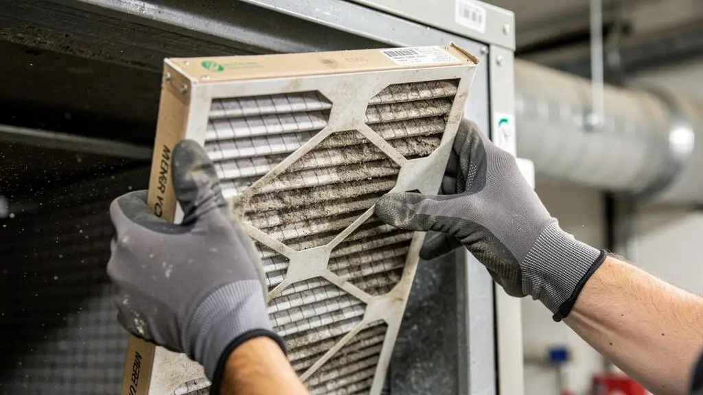 Mains d'un technicien inspectant un filtre MERV retiré d'un système HVAC commercial