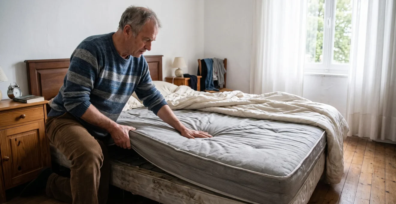 Un homme soulève le coin d'un vieux matelas affaissé pour inspecter son usure dans sa chambre.