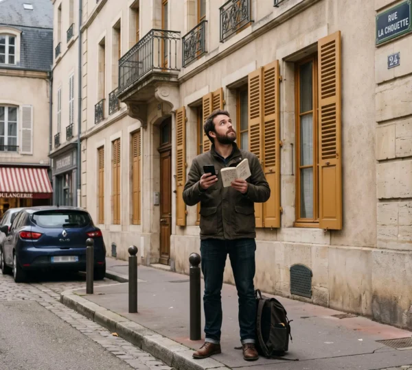 Un homme observe la façade d'un immeuble ancien en pierre dans une rue résidentielle de Dijon, carnet et smartphone en main.