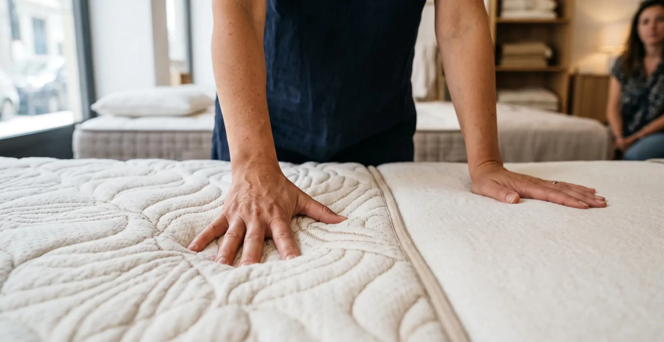 Gros plan sur une main enfonçant la surface d'un matelas pour montrer la différence entre soutien ferme et accueil moelleux.