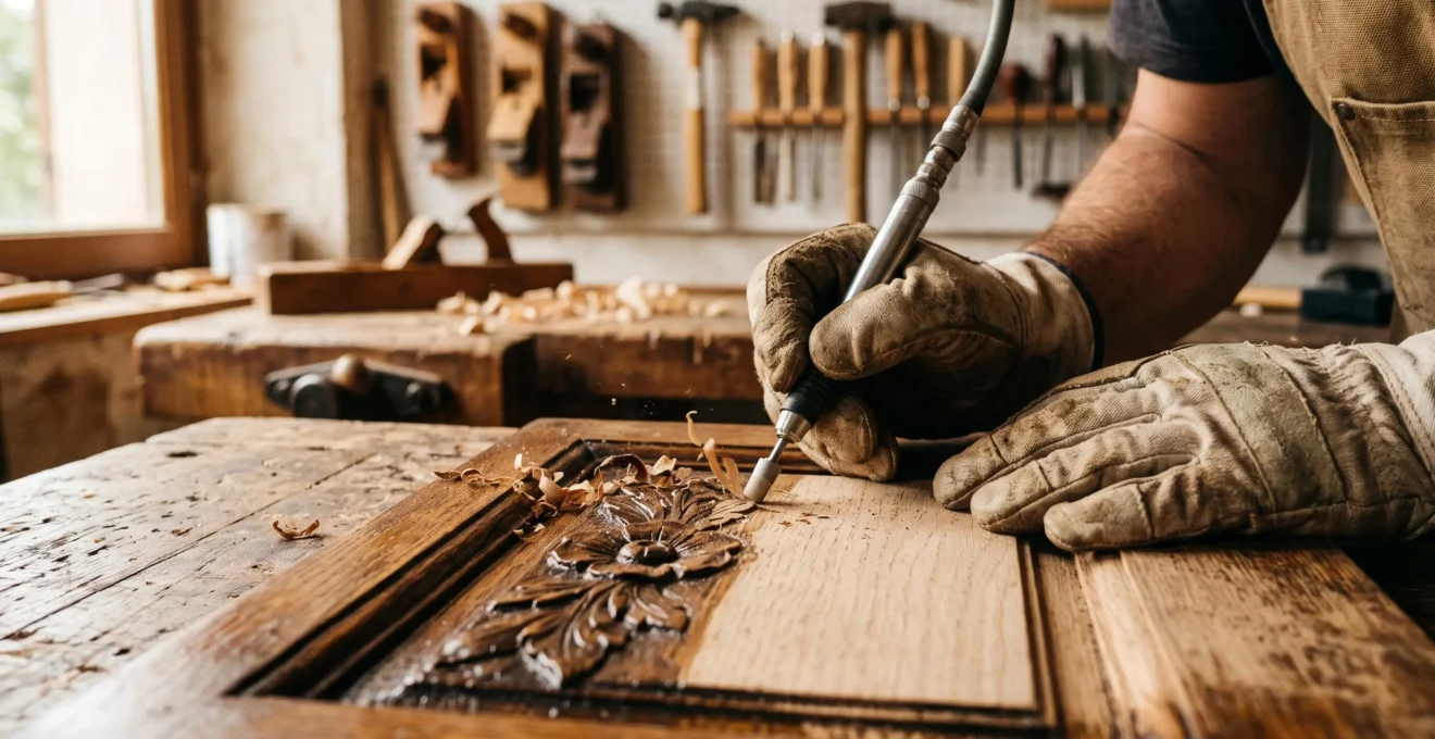 Des mains gantées réalisent un micro gommage sur un panneau de meuble en bois sculpté pour retirer l'ancien vernis.
