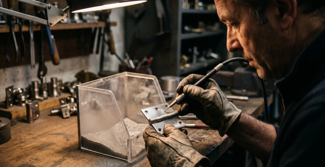 Un artisan réalise un microbillage de précision sur une pièce en acier inoxydable dans son atelier.