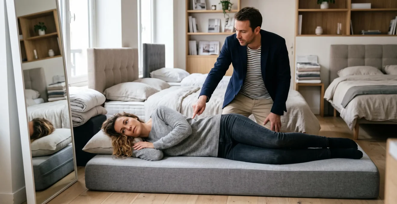 Une femme allongée sur le côté teste un matelas pendant qu'un vendeur vérifie l'alignement de sa colonne en position latérale.