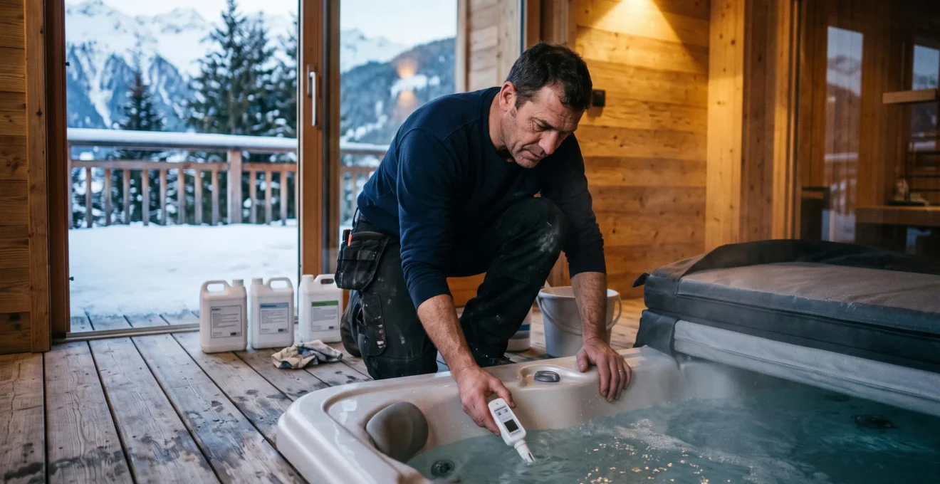 Un technicien contrôle la qualité de l'eau d'un spa installé sur la terrasse couverte d'un chalet en montagne.