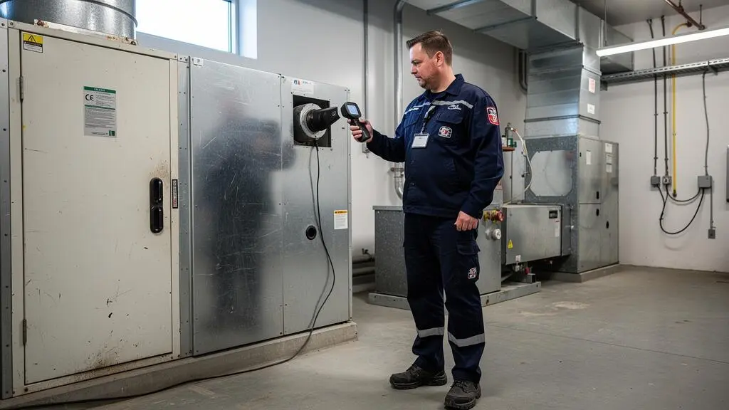 Technicien HVAC inspectant une unité de traitement d'air commercial avec appareil de mesure dans une salle mécanique