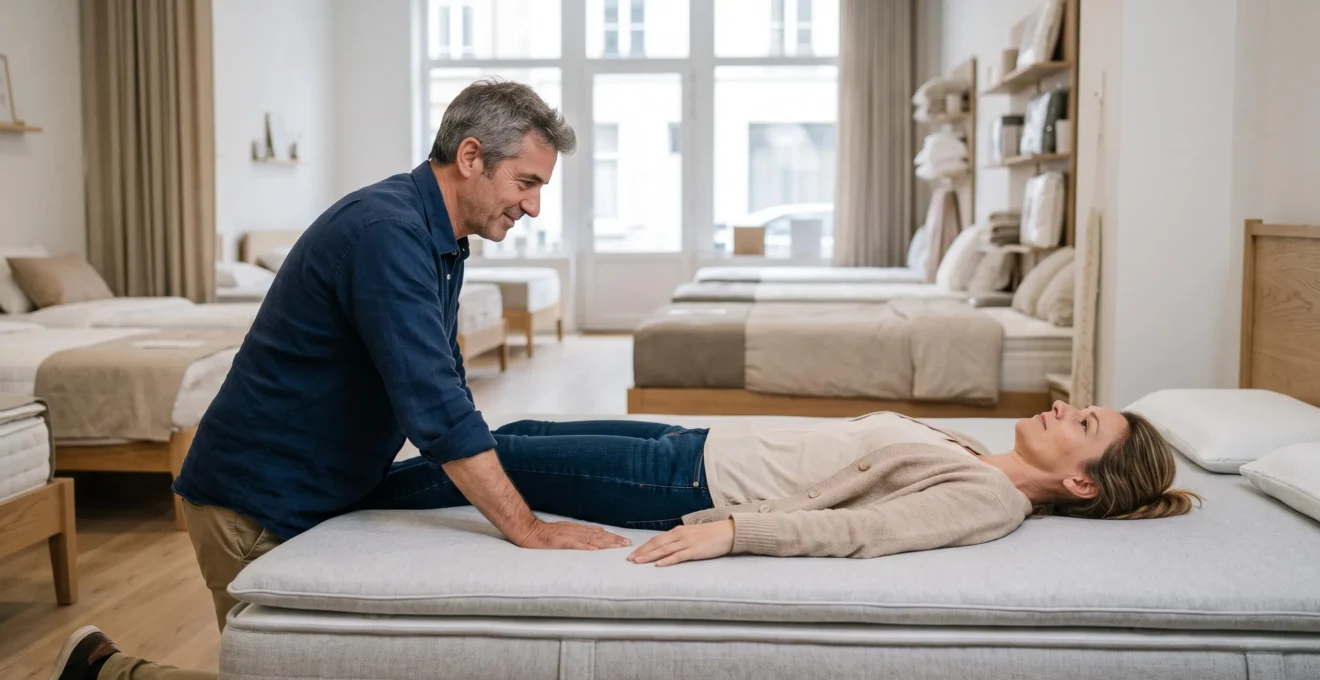 Une conseillère de vente teste un matelas sur le dos dans un magasin de literie pendant qu'un vendeur vérifie le soutien lombaire avec sa main.