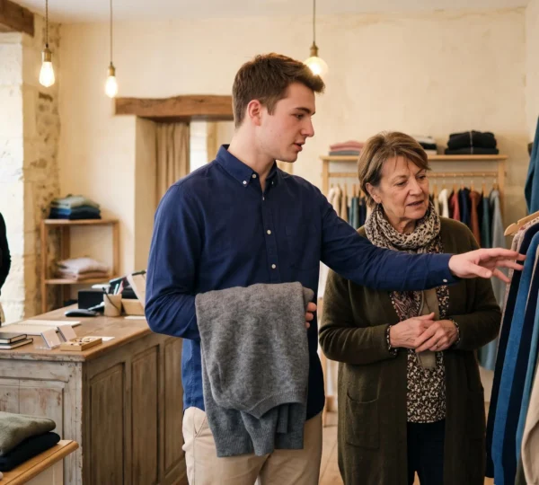 Un jeune vendeur en alternance conseille une cliente dans une boutique de prêt-à-porter pendant que sa tutrice l'observe depuis la caisse.
