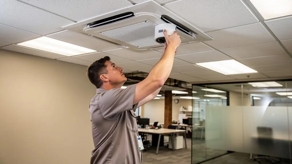 Inspecteur HVAC mesurant le débit d'air à une grille de diffusion au plafond dans un espace commercial