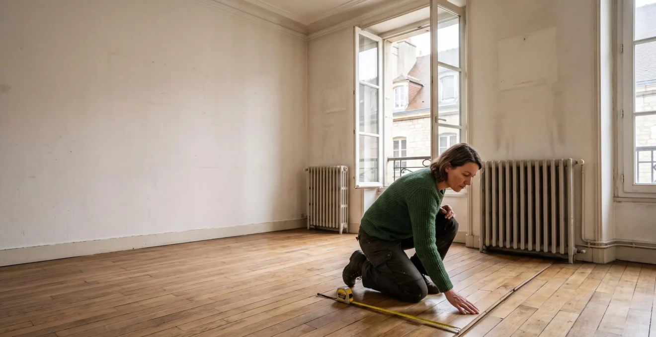 Une femme s'accroupit dans un studio vide de 25 m² et vérifie l'état du parquet près de la fenêtre, mètre ruban à côté d'elle.